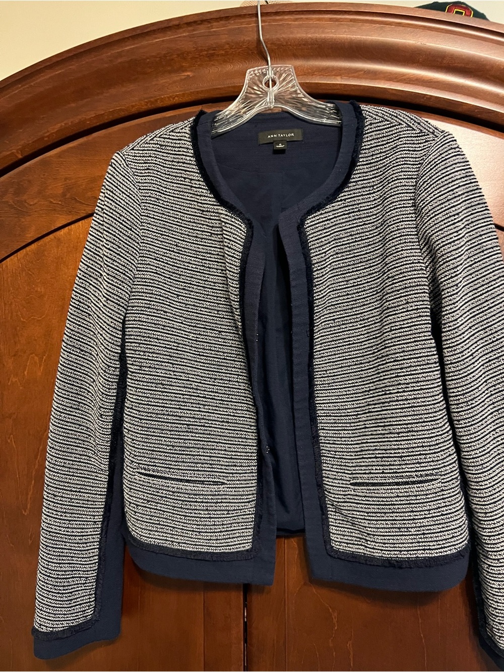 Ann Taylor Navy and White Striped Knit Jacket
